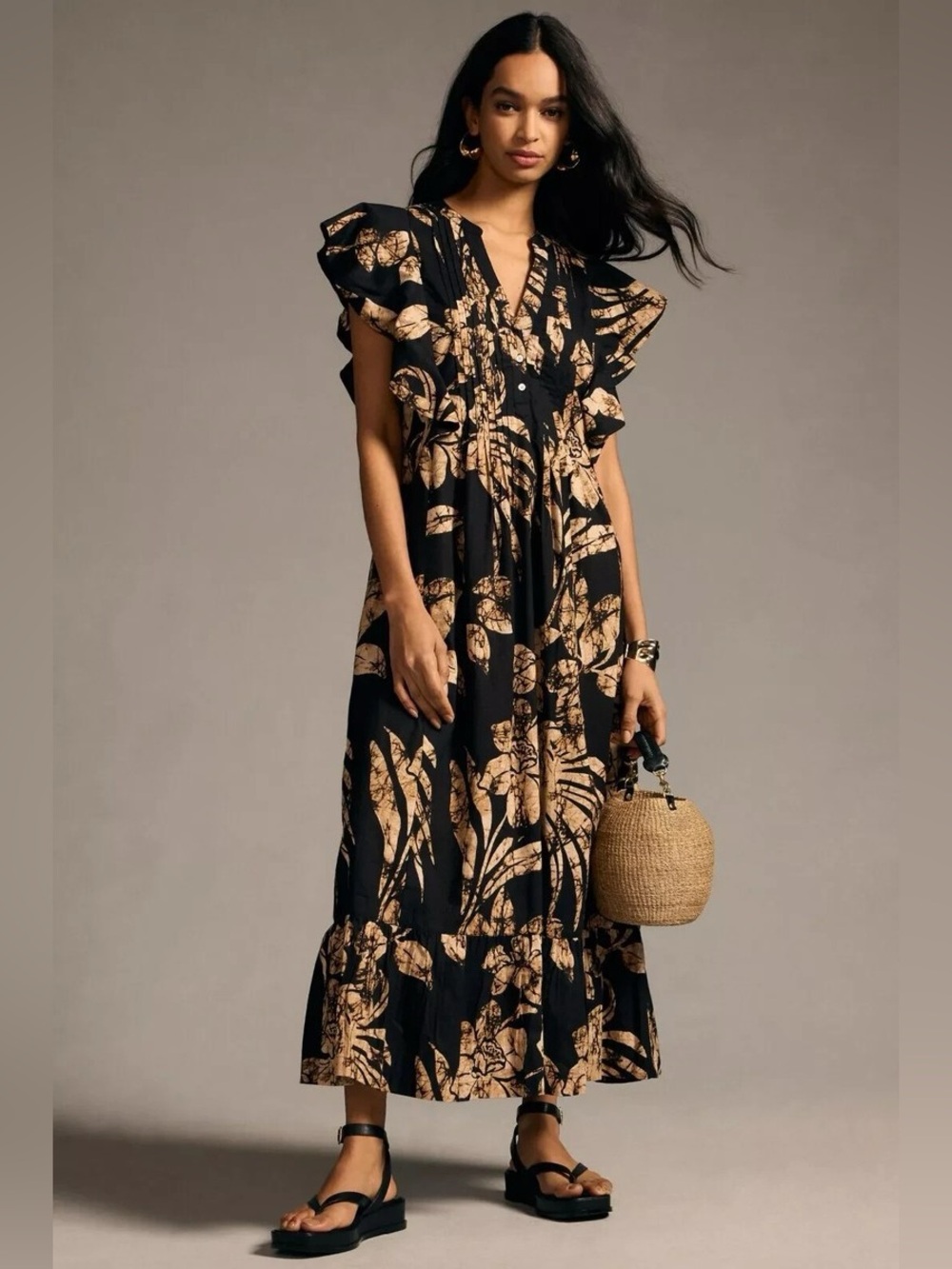 Anthropologie Maeve The Cassandra Black Flutter Sleeve Maxi Dress | Size S